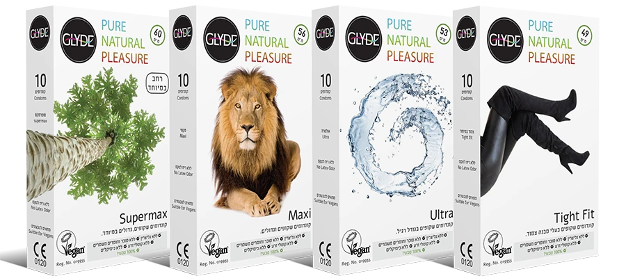 אריזות קונדומים טבעוניים של גלייד בארבעה גדלים
