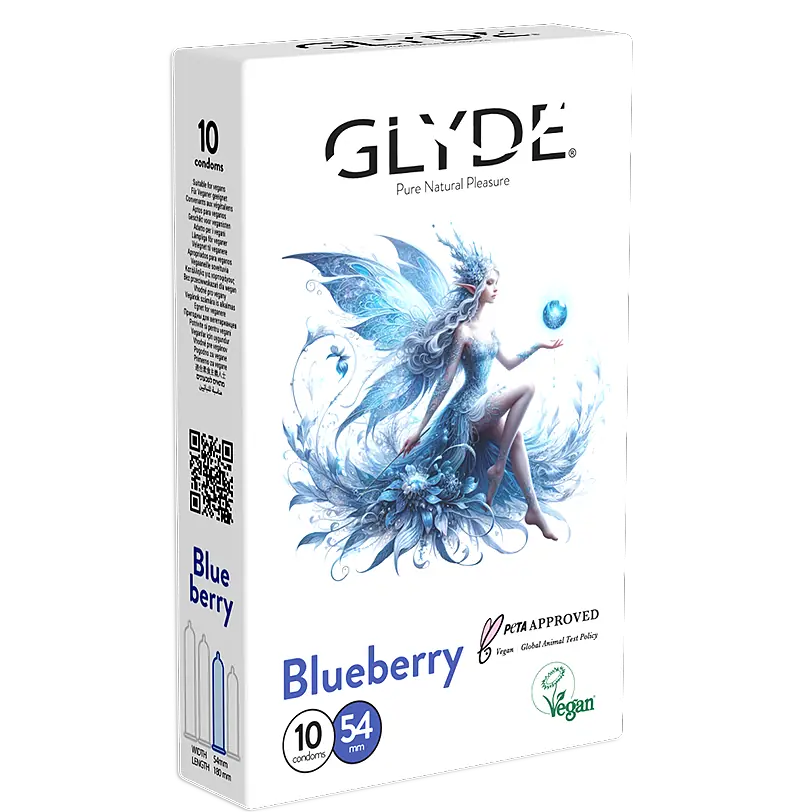 קונדומים בטעם אוכמניות של GLYDE באריזת 10 יחידות