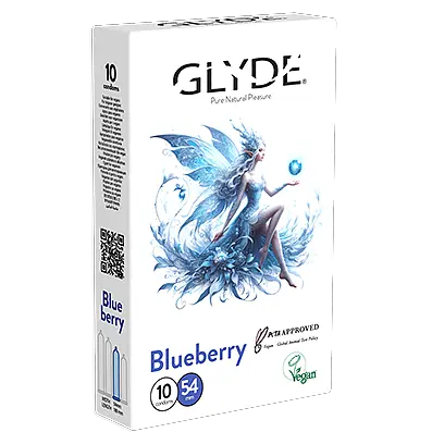 קונדומים בטעם אוכמניות של GLYDE באריזת 10 יחידות