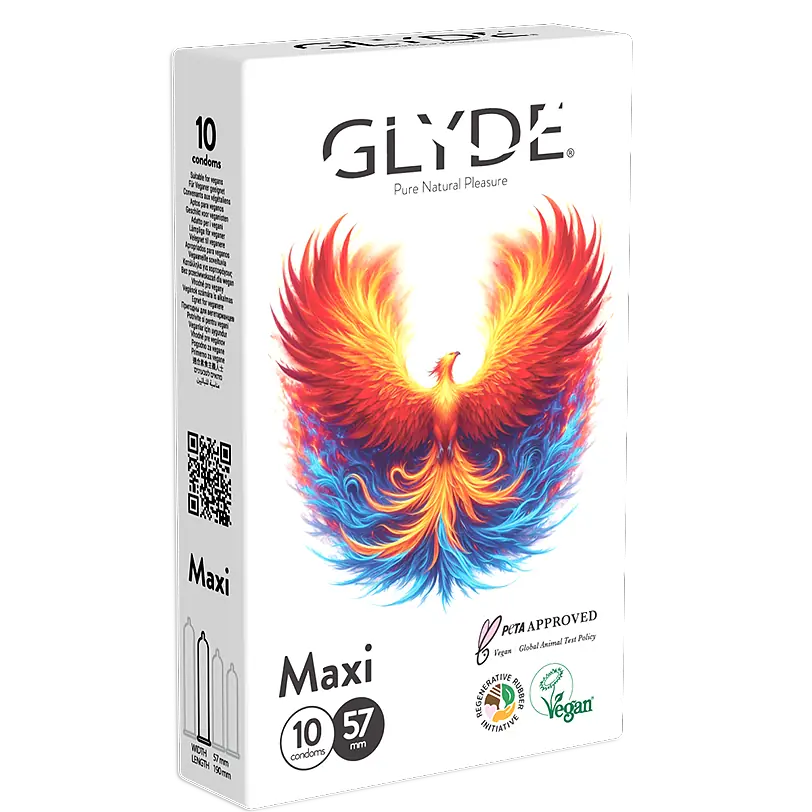 אריזת 10 קונדומים טבעוניים GLYDE Maxi (מקסי) ברוחב נומינלי 57 מ״מ עם איור עוף החול (פניקס) בצבעי להבה