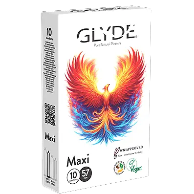 אריזת 10 קונדומים טבעוניים GLYDE Maxi (מקסי) ברוחב נומינלי 57 מ״מ עם איור עוף החול (פניקס) בצבעי להבה