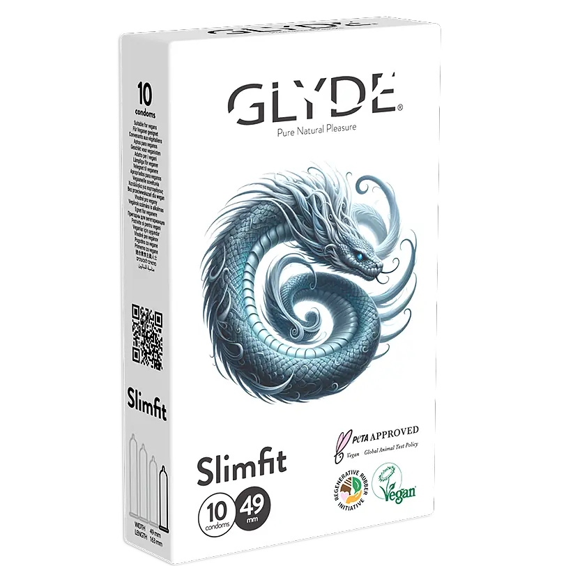 אריזת 10 קונדומים טבעוניים GLYDE Slimfit ברוחב נומינלי 49 מ״מ – דגם צמוד במיוחד (Tight Fit) עם איור דרקון מיתולוגי
