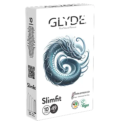 אריזת 10 קונדומים טבעוניים GLYDE Slimfit ברוחב נומינלי 49 מ״מ – דגם צמוד במיוחד (Tight Fit) עם איור דרקון מיתולוגי