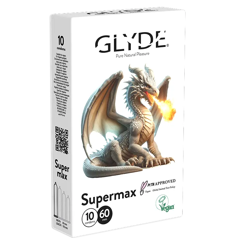 אריזת 10 קונדומים טבעוניים GLYDE Supermax (סופרמקס) ברוחב נומינלי 60 מ״מ עם איור דרקון יורק אש