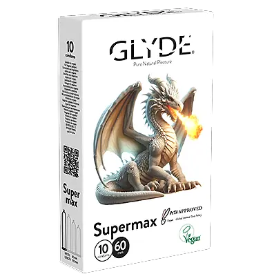 אריזת 10 קונדומים טבעוניים GLYDE Supermax (סופרמקס) ברוחב נומינלי 60 מ״מ עם איור דרקון יורק אש