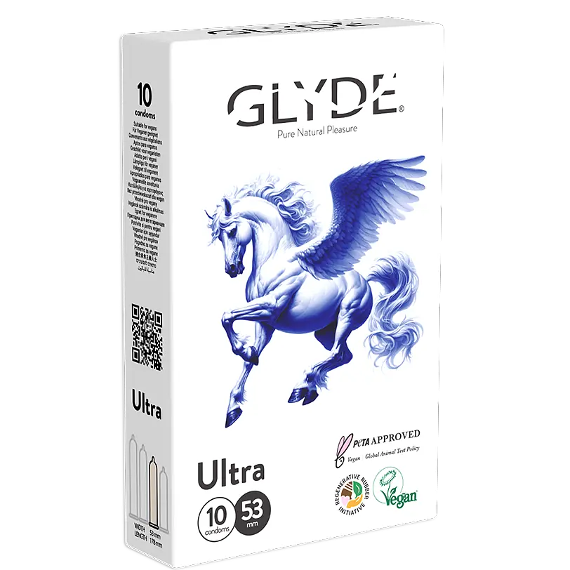 אריזת 10 קונדומים טבעוניים GLYDE Ultra (אולטרה) ברוחב נומינלי 53 מ״מ עם איור פגסוס טורקיז מכונף