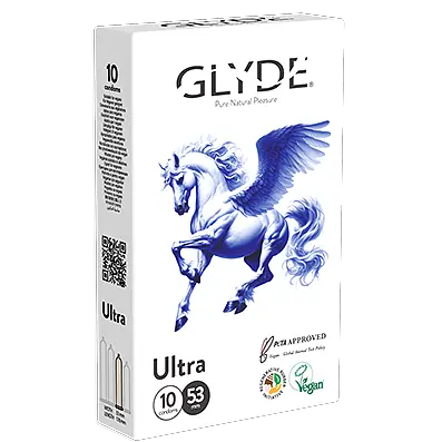 אריזת 10 קונדומים טבעוניים GLYDE Ultra (אולטרה) ברוחב נומינלי 53 מ״מ עם איור פגסוס טורקיז מכונף